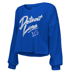 Amon-Ra St. Brown Detroit Lions Majestic Threads Women's Name & Number Off-Shoulder Script Cropped Long Sleeve Relaxed V-Neck T-Shirt - Blue T-shirts