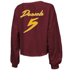 Jayden Daniels Washington Commanders Majestic Threads Women's Name & Number Off-Shoulder Script Cropped Long Sleeve Relaxed V-Neck T-Shirt - Burgundy T-shirts