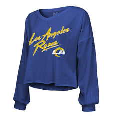 Puka Nacua Los Angeles Rams Majestic Threads Women's Off-Shoulder Script Player Name & Number Cropped Long Sleeve V-Neck T-Shirt - Royal T-shirts