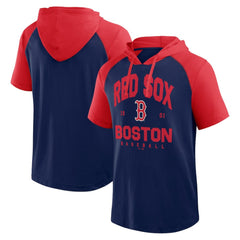 Boston Red Sox Logo Athletic Prime Raglan Short Sleeve Hoodie T-Shirt - Navy Hoodies