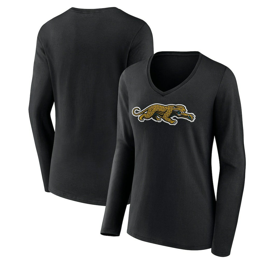 Jacksonville Jaguars Women's Classic Logo Long Sleeve V-Neck T-Shirt - Black T-shirts