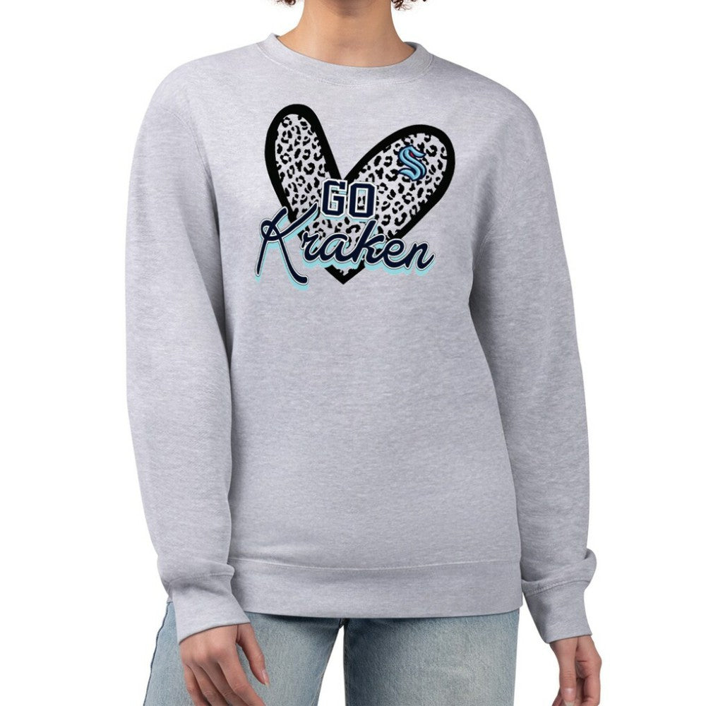Seattle Kraken G-III 4Her by Carl Banks Women's Animal Print Heart Fleece Pullover Sweatshirt - Heather Gray | US 202213846