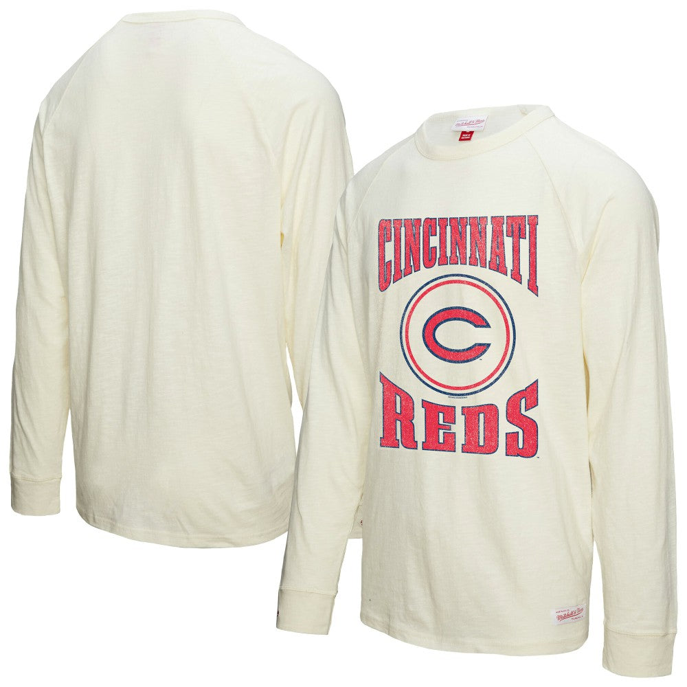 Cincinnati Reds Mitchell & Ness Arched Logo Slub Long Sleeve T-Shirt - Cream T-shirts