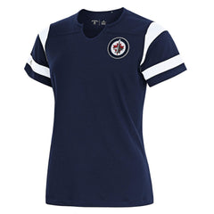 Winnipeg Jets Antigua Women's Encounter Short Sleeve Notch Neck Top - Navy | US 202229490
