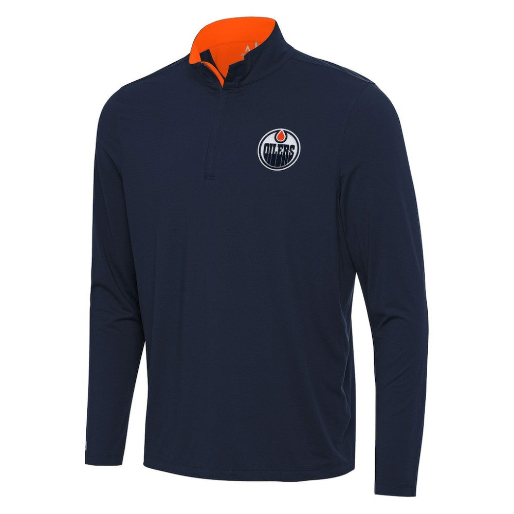 Edmonton Oilers Antigua Content Quarter-Zip Pullover Top - Navy/Orange | US 202236954
