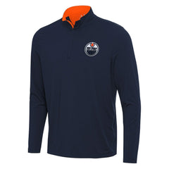 Edmonton Oilers Antigua Content Quarter-Zip Pullover Top - Navy/Orange | US 202236954
