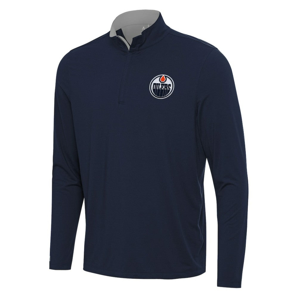 Edmonton Oilers Antigua Content Quarter-Zip Pullover Top - Navy/Gray | US 202236955