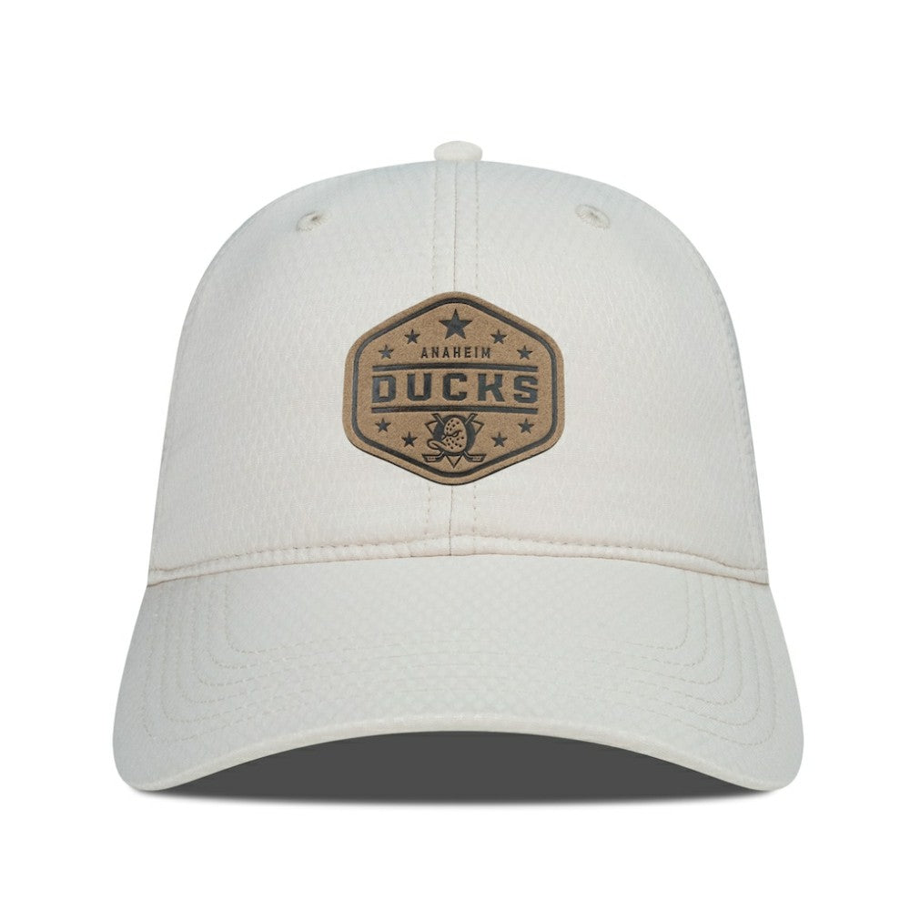 Anaheim Ducks Men's Levelwear Faux Leather Patch Unstructured Adjustable Hat - Cream | US 202262269
