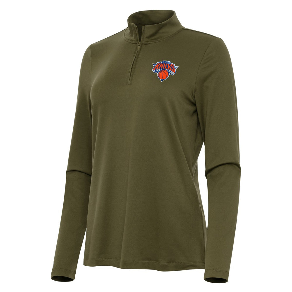 New York Knicks Antigua Women's Reprocess Quarter-Zip Top Olive