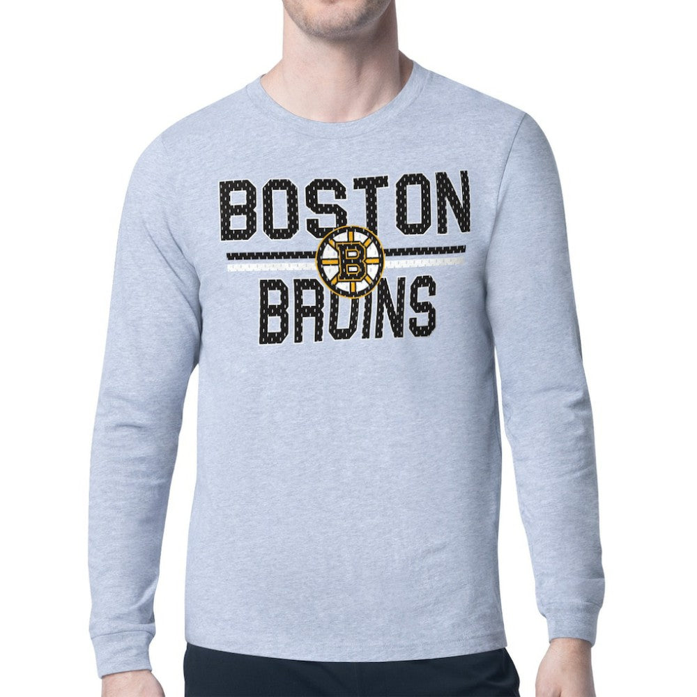 Boston Bruins Starter Mesh Look Team Name Logo Long Sleeve T-Shirt - Heather Gray | US 202296719