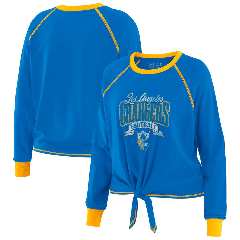 Los Angeles Chargers WEAR by Erin Andrews Women's Plus Size Tie-Front Long Sleeve Top - Powder Blue/Gold Tops