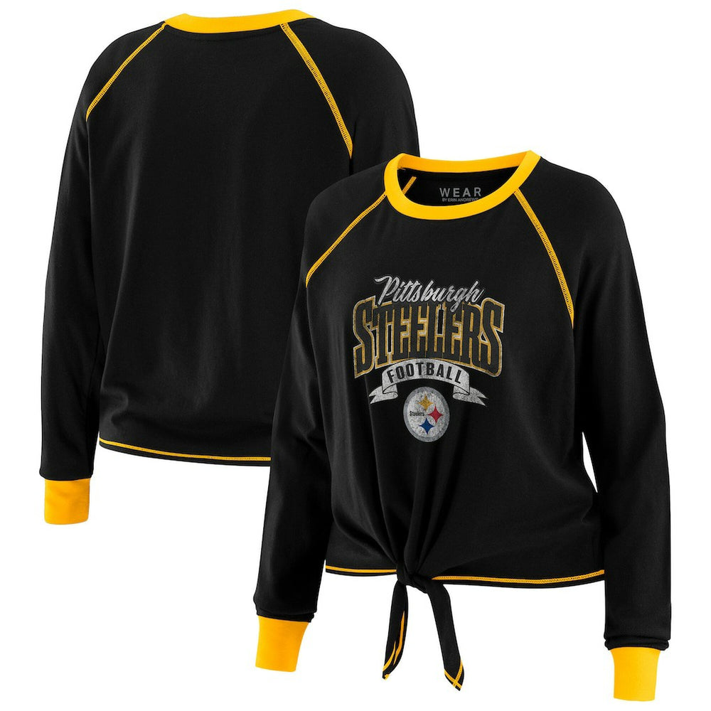 Pittsburgh Steelers WEAR by Erin Andrews Women's Plus Size Tie-Front Long Sleeve Top - Black/Gold Tops