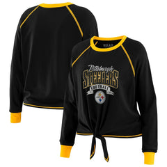Pittsburgh Steelers WEAR by Erin Andrews Women's Plus Size Tie-Front Long Sleeve Top - Black/Gold Tops