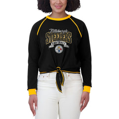 Pittsburgh Steelers WEAR by Erin Andrews Women's Plus Size Tie-Front Long Sleeve Top - Black/Gold Tops
