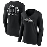 Baltimore Ravens Women's Personalized Name & Number Monochrome Long Sleeve V-Neck T-Shirt - Black T-shirts