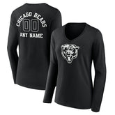 Chicago Bears Women's Personalized Name & Number Monochrome Long Sleeve V-Neck T-Shirt - Black T-shirts