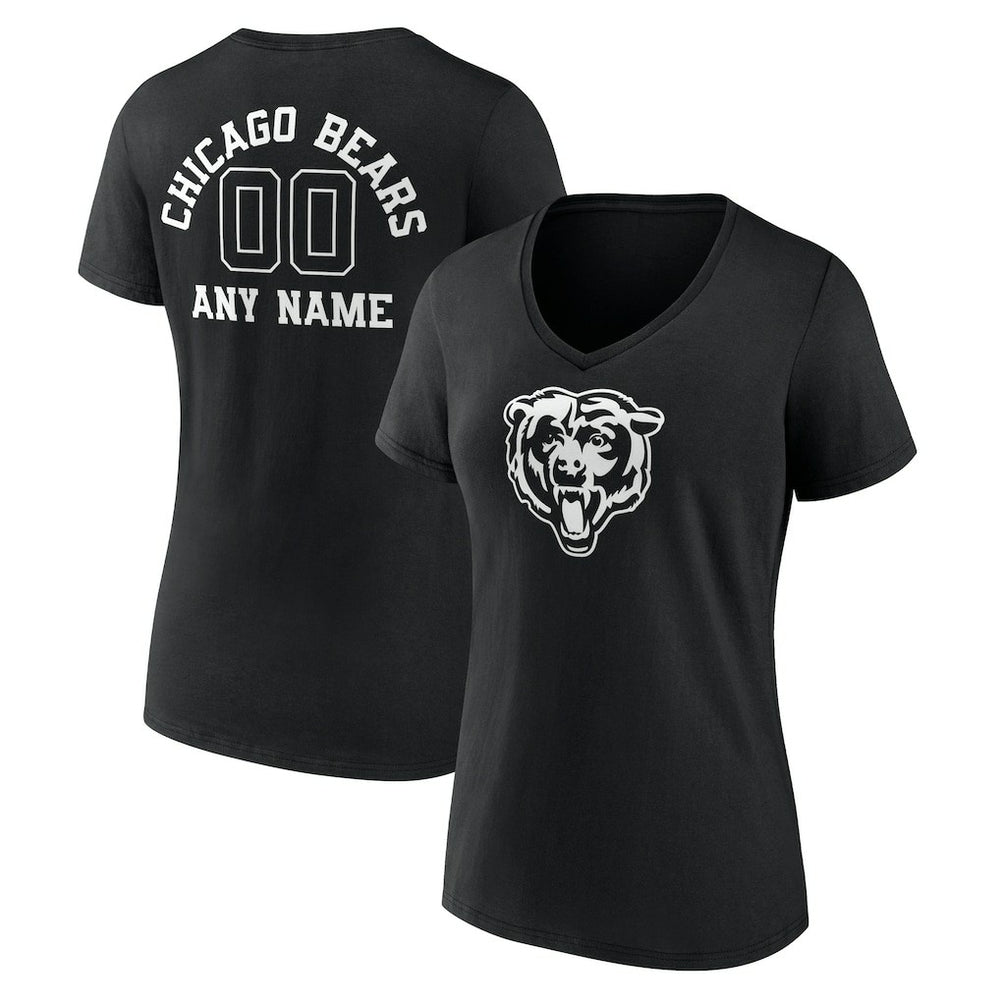 Chicago Bears Women's Personalized Name & Number Monochrome V-Neck T-Shirt - Black T-shirts