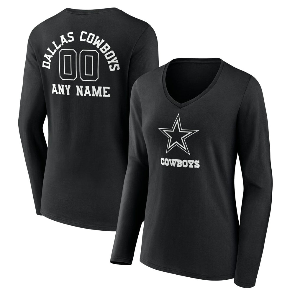 Dallas Cowboys Women's Personalized Name & Number Monochrome Long Sleeve V-Neck T-Shirt - Black T-shirts