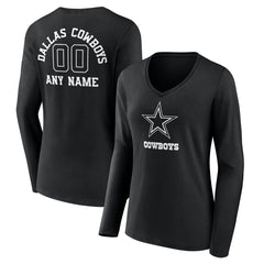 Dallas Cowboys Women's Personalized Name & Number Monochrome Long Sleeve V-Neck T-Shirt - Black T-shirts