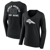 Denver Broncos Women's Personalized Name & Number Monochrome Long Sleeve V-Neck T-Shirt - Black T-shirts