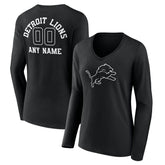 Detroit Lions Women's Personalized Name & Number Monochrome Long Sleeve V-Neck T-Shirt - Black T-shirts