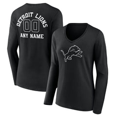 Detroit Lions Women's Personalized Name & Number Monochrome Long Sleeve V-Neck T-Shirt - Black T-shirts