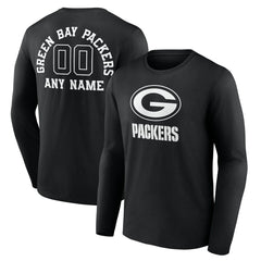 Green Bay Packers Personalized Name & Number Monochrome Long Sleeve T-Shirt - Black T-shirts