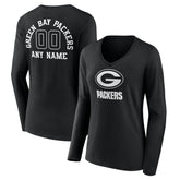 Green Bay Packers Women's Personalized Name & Number Monochrome Long Sleeve V-Neck T-Shirt - Black T-shirts