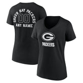 Green Bay Packers Women's Personalized Name & Number Monochrome V-Neck T-Shirt - Black T-shirts