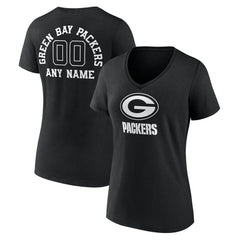 Green Bay Packers Women's Personalized Name & Number Monochrome V-Neck T-Shirt - Black T-shirts