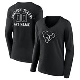 Houston Texans Women's Personalized Name & Number Monochrome Long Sleeve V-Neck T-Shirt - Black T-shirts