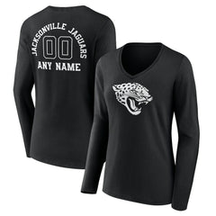 Jacksonville Jaguars Women's Personalized Name & Number Monochrome Long Sleeve V-Neck T-Shirt - Black T-shirts