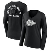 Kansas City Chiefs Women's Personalized Name & Number Monochrome Long Sleeve V-Neck T-Shirt - Black T-shirts