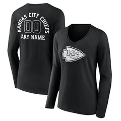 Kansas City Chiefs Women's Personalized Name & Number Monochrome Long Sleeve V-Neck T-Shirt - Black T-shirts