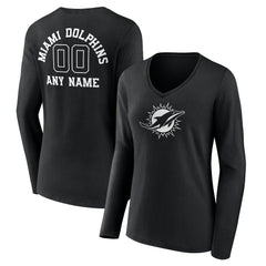 Miami Dolphins Women's Personalized Name & Number Monochrome Long Sleeve V-Neck T-Shirt - Black T-shirts