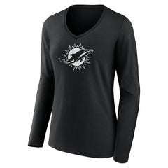 Miami Dolphins Women's Personalized Name & Number Monochrome Long Sleeve V-Neck T-Shirt - Black T-shirts