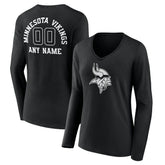 Minnesota Vikings Women's Personalized Name & Number Monochrome Long Sleeve V-Neck T-Shirt - Black T-shirts