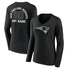 New England Patriots Women's Personalized Name & Number Monochrome Long Sleeve V-Neck T-Shirt - Black T-shirts