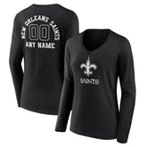 New Orleans Saints Women's Personalized Name & Number Monochrome Long Sleeve V-Neck T-Shirt - Black T-shirts