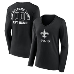 New Orleans Saints Women's Personalized Name & Number Monochrome Long Sleeve V-Neck T-Shirt - Black T-shirts