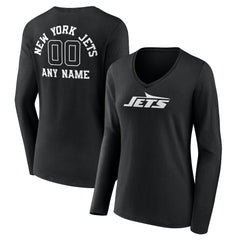 New York Jets Women's Personalized Name & Number Monochrome Long Sleeve V-Neck T-Shirt - Black T-shirts