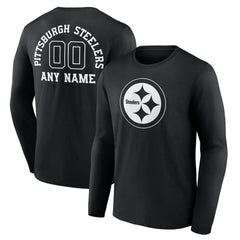 Pittsburgh Steelers Personalized Name & Number Monochrome Long Sleeve T-Shirt - Black T-shirts