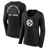 Pittsburgh Steelers Women's Personalized Name & Number Monochrome Long Sleeve V-Neck T-Shirt - Black T-shirts