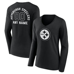Pittsburgh Steelers Women's Personalized Name & Number Monochrome Long Sleeve V-Neck T-Shirt - Black T-shirts