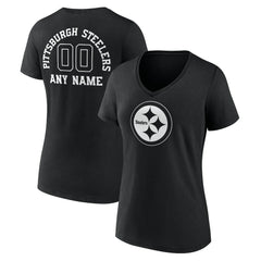Pittsburgh Steelers Women's Personalized Name & Number Monochrome V-Neck T-Shirt - Black T-shirts