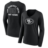 San Francisco 49ers Women's Personalized Name & Number Monochrome Long Sleeve V-Neck T-Shirt - Black T-shirts