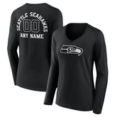 Seattle Seahawks Women's Personalized Name & Number Monochrome Long Sleeve V-Neck T-Shirt - Black T-shirts