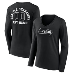 Seattle Seahawks Women's Personalized Name & Number Monochrome Long Sleeve V-Neck T-Shirt - Black T-shirts