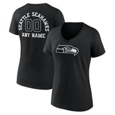 Seattle Seahawks Women's Personalized Name & Number Monochrome V-Neck T-Shirt - Black T-shirts