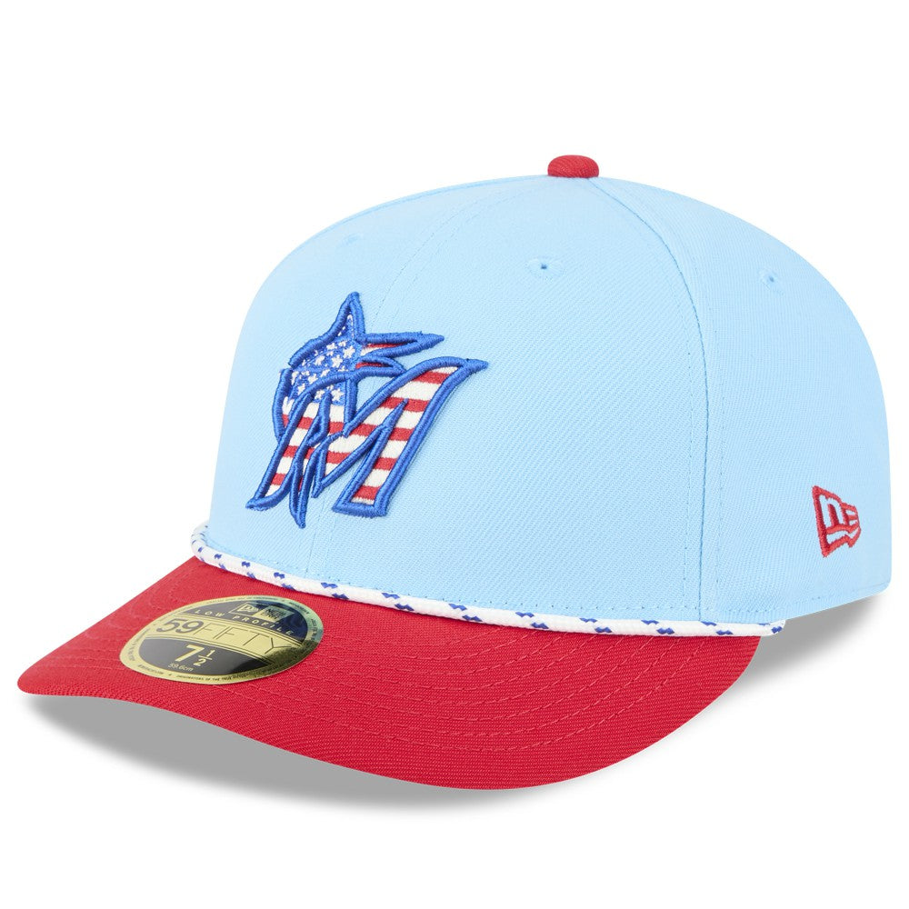 Miami Marlins New Era 2025 Fourth of July Low Profile 59FIFTY Fitted Hat - Light Blue/Red Hats